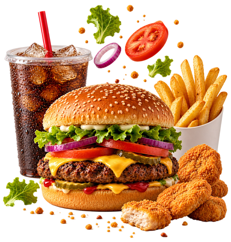 Wendy’s burger, fries, cola and chicken nuggets
